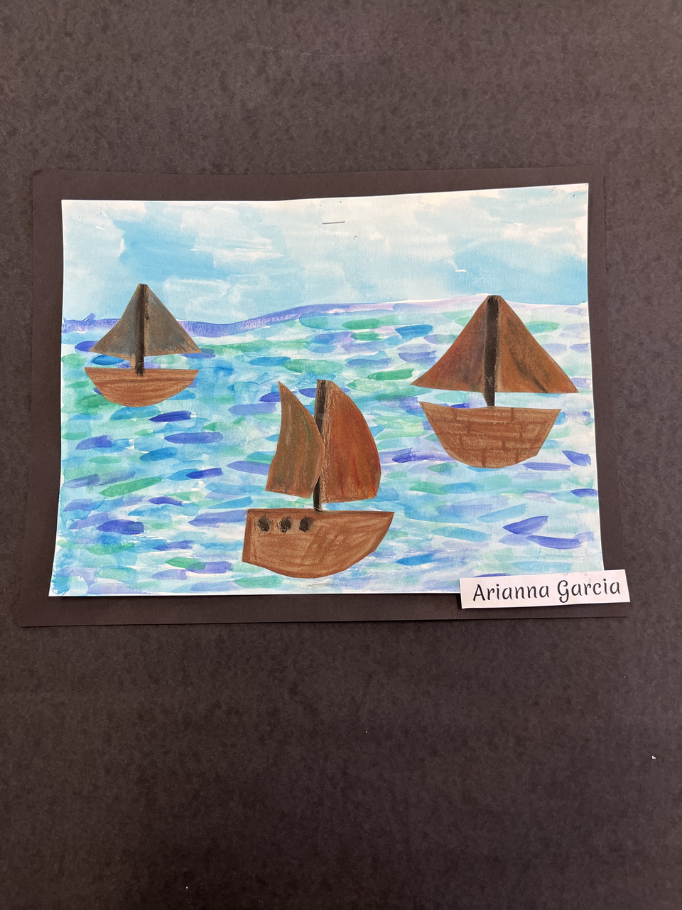 Boats painted in Monet's style with watercolor and oil pastel.