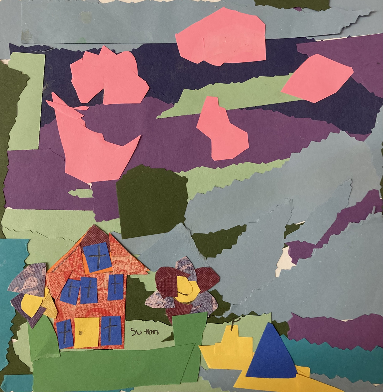 Collage of a garden of a house by a beach.