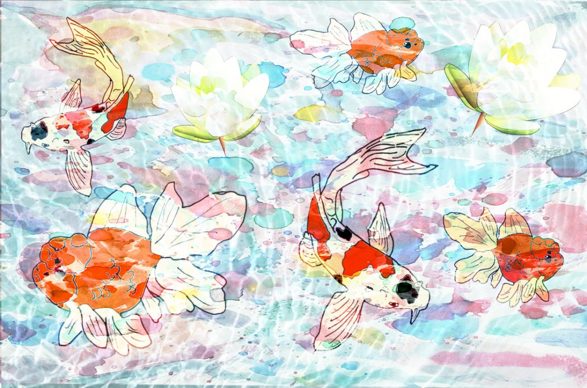 Several koi in a pond of swirling pastel colors