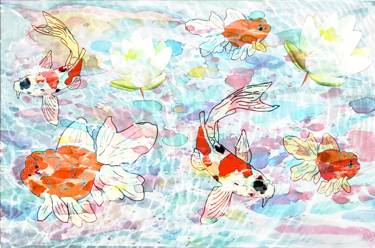 Several koi in a pond of swirling pastel colors