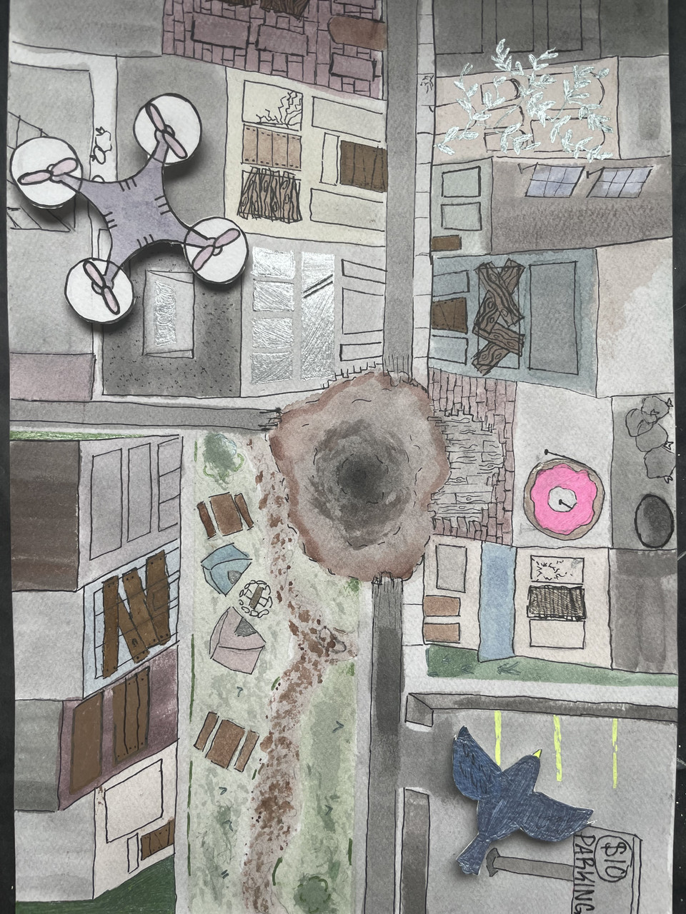 Overhead watercolor map painting.