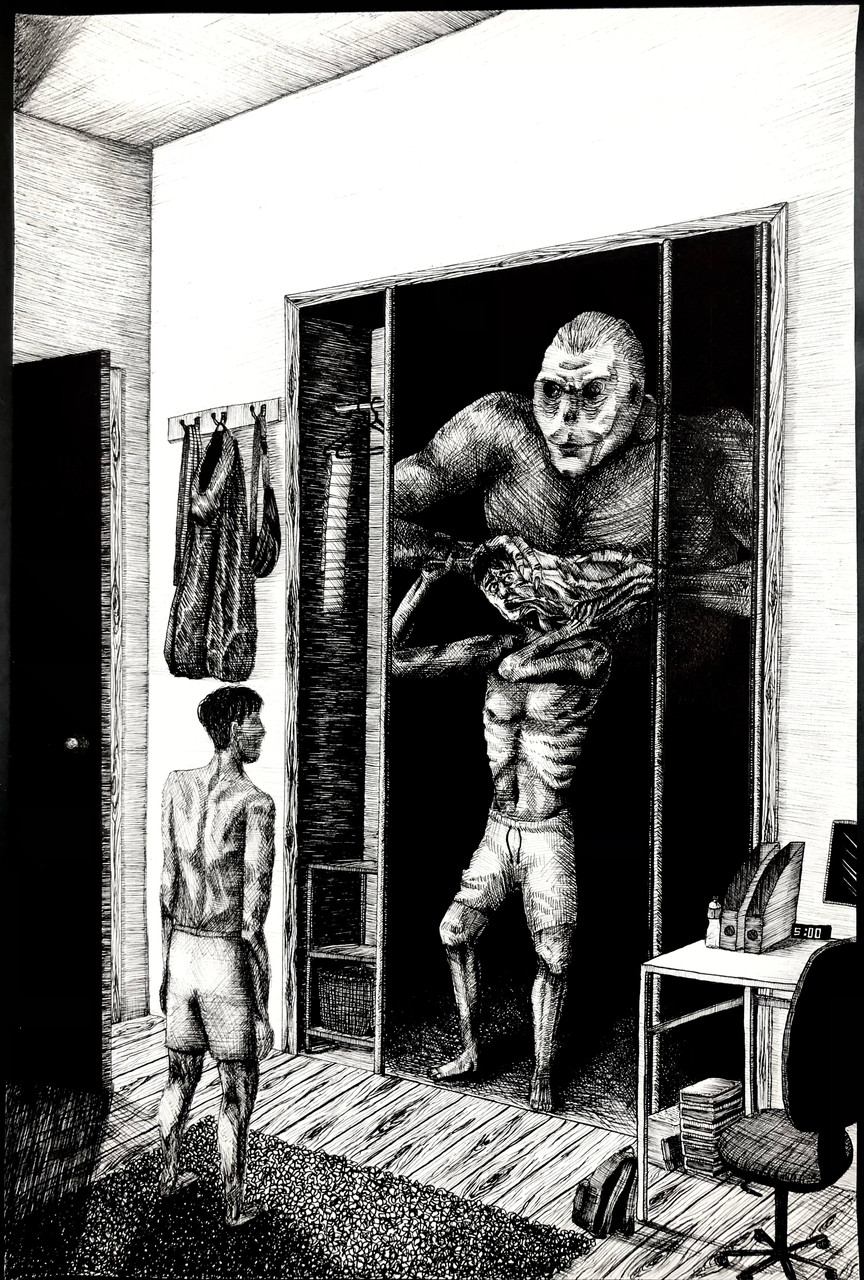 Drawing of a money and two male subjects.