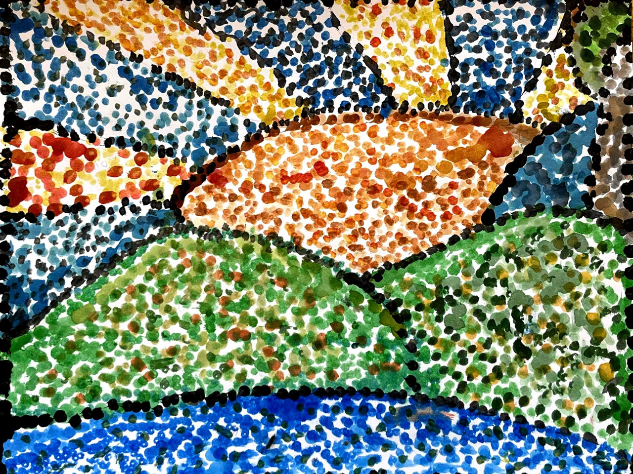 Dots making up sun and green hills