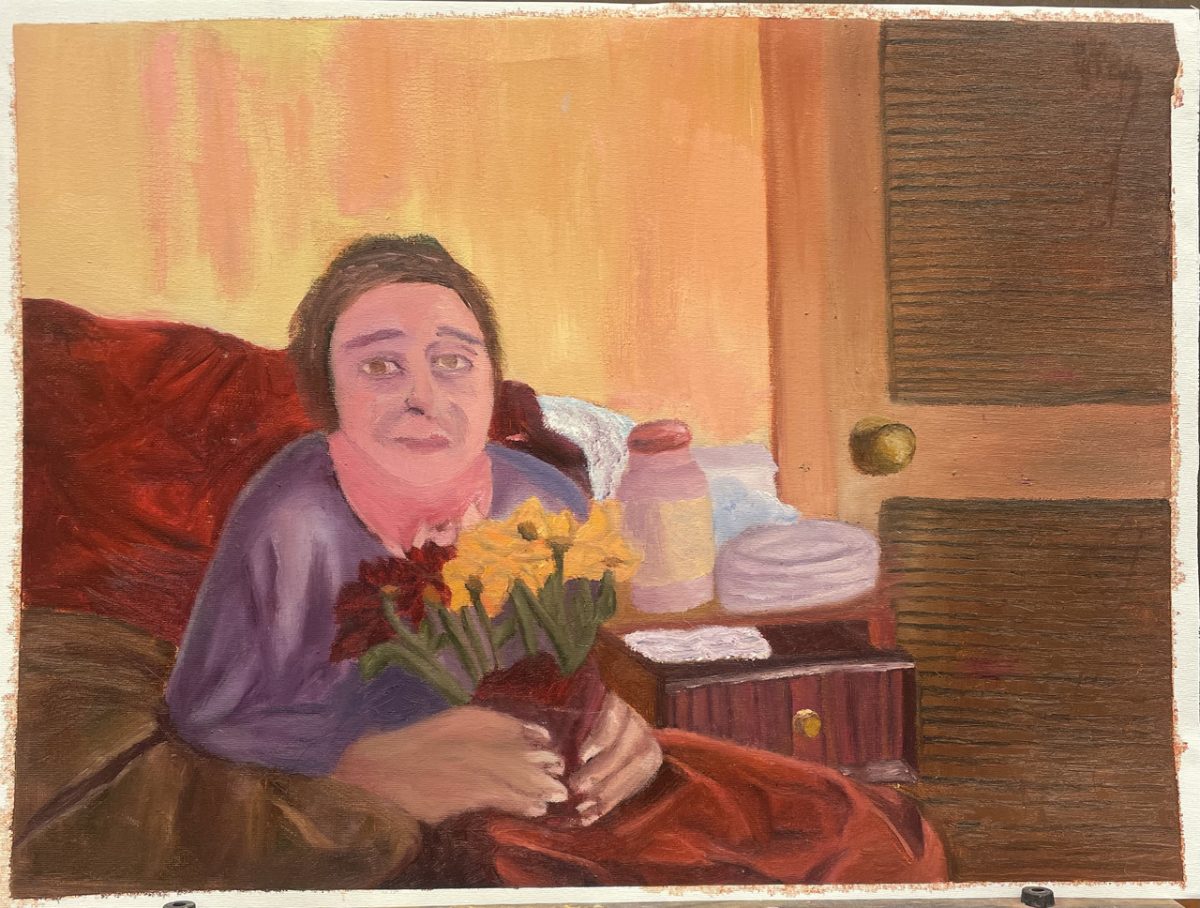 Painting of a woman with flowers.