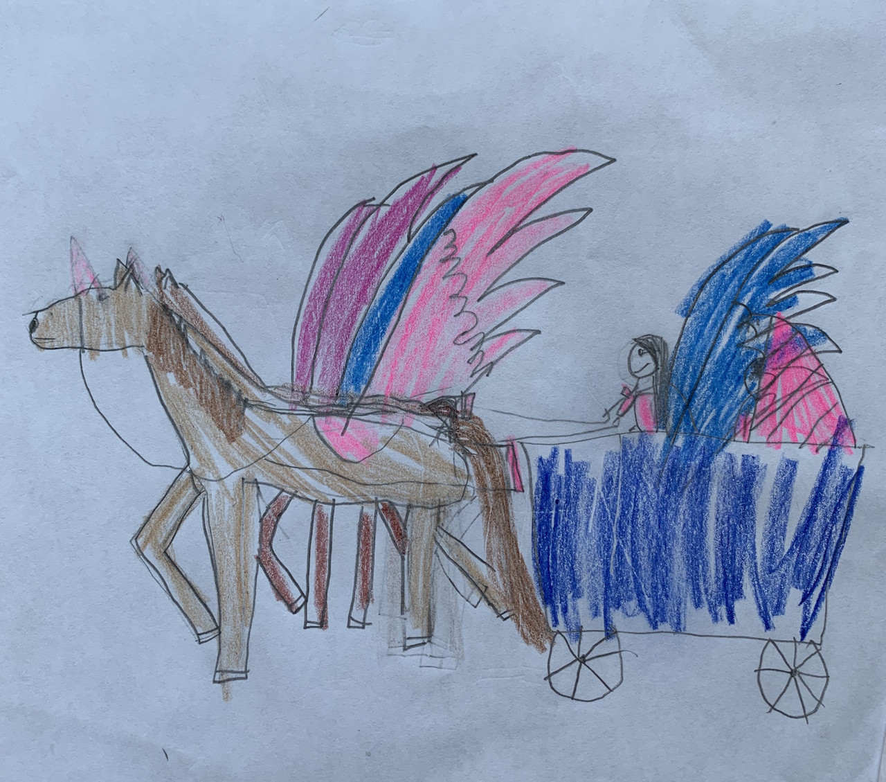 Image of a young girl in a carriage being pulled by a horse with purple and pink wings.