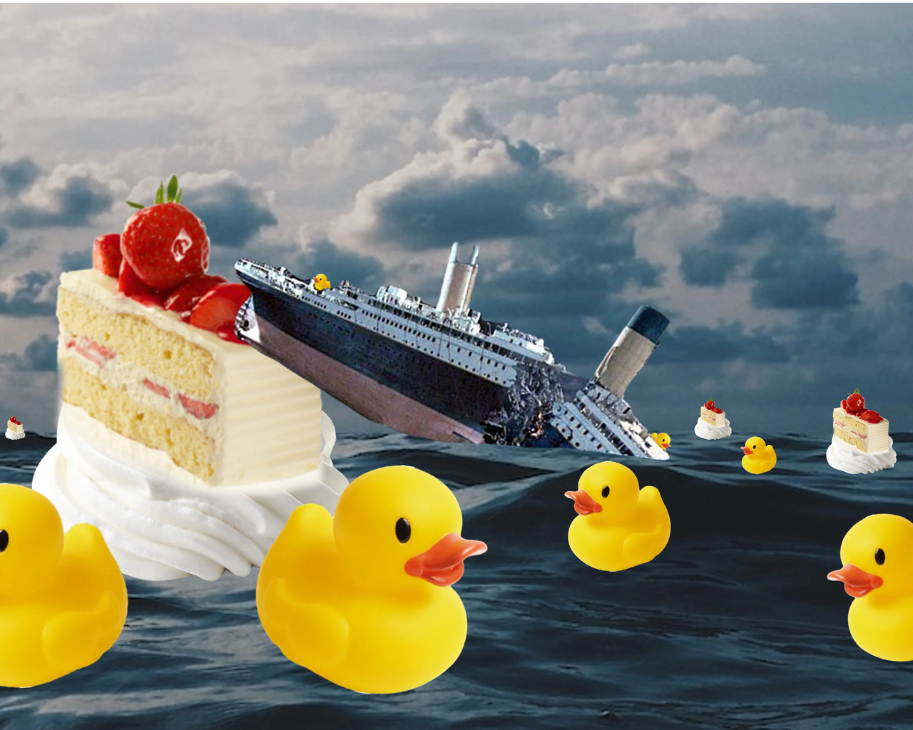 Collage of ship at sea and rubber ducks.