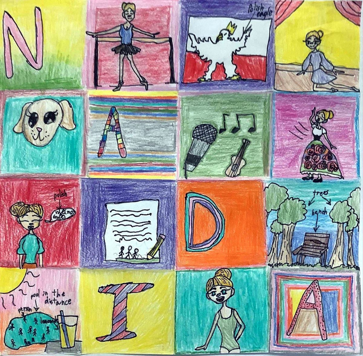 Drawing is split into a grid of squares. Some squares contain the single letters of NADIA. Others show drawings such as a girl dancing and a microphone.