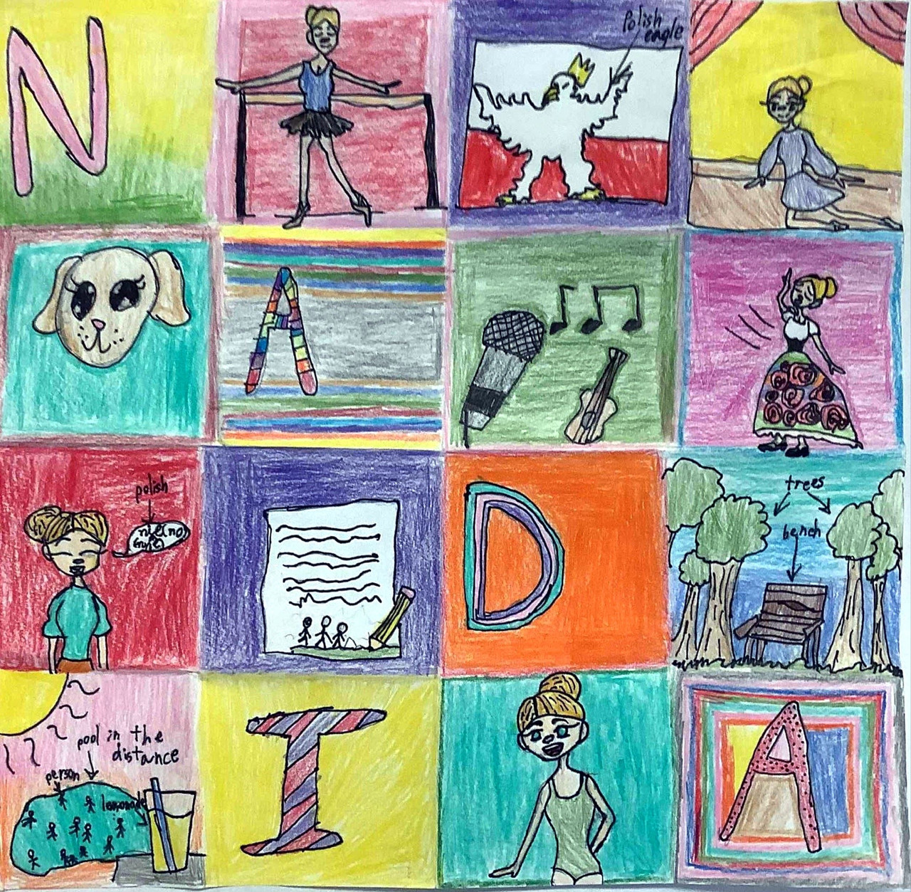 Drawing is split into a grid of squares. Some squares contain the single letters of NADIA. Others show drawings such as a girl dancing and a microphone.
