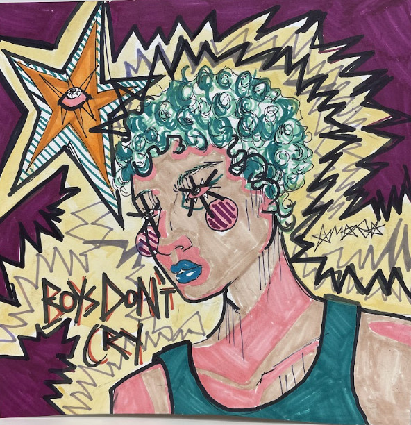 Colorful drawing of character.