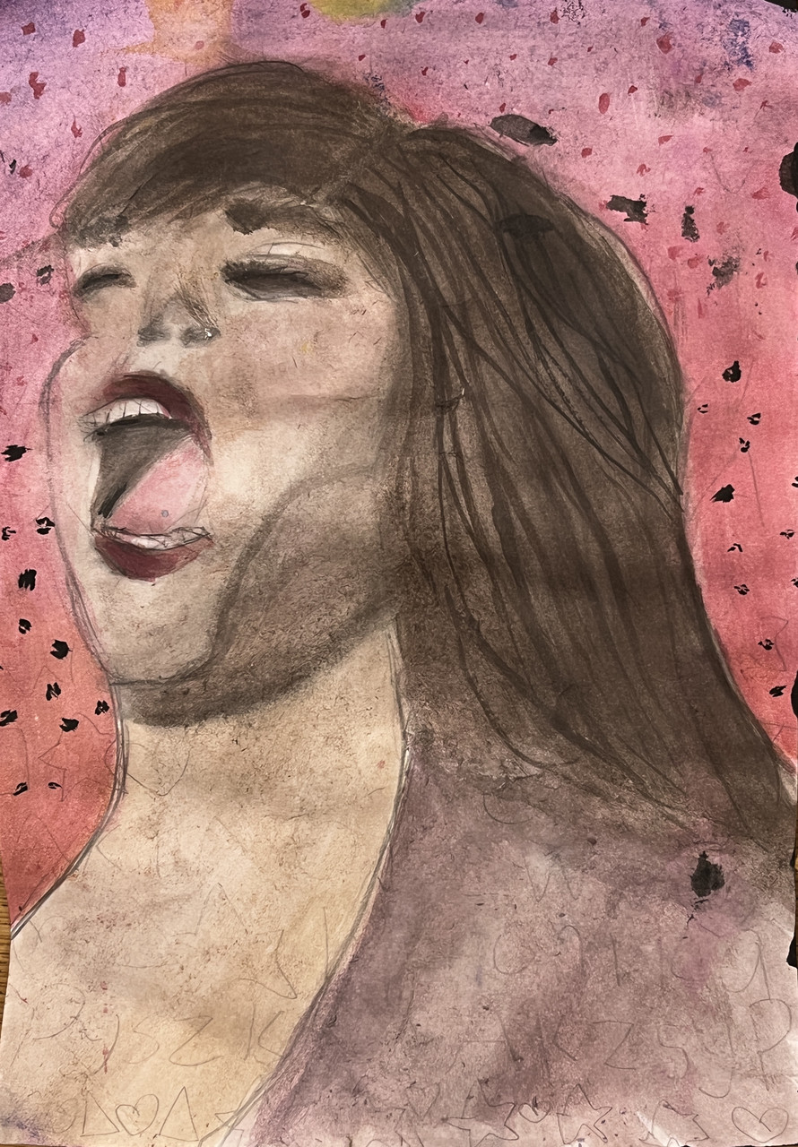 Person with long brown hair with mouth wide open and eyes closed.