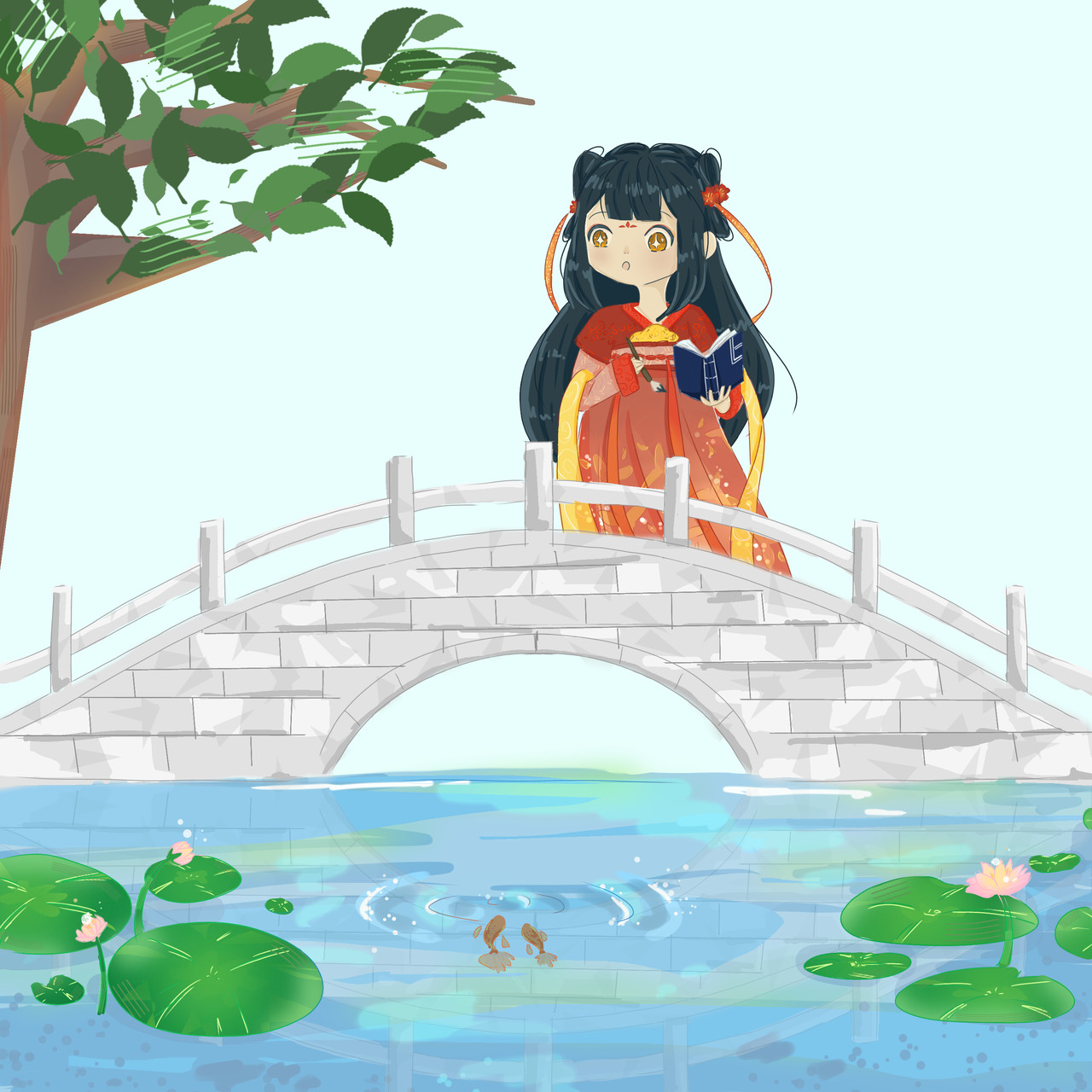 Girl on a bridge cartoon.