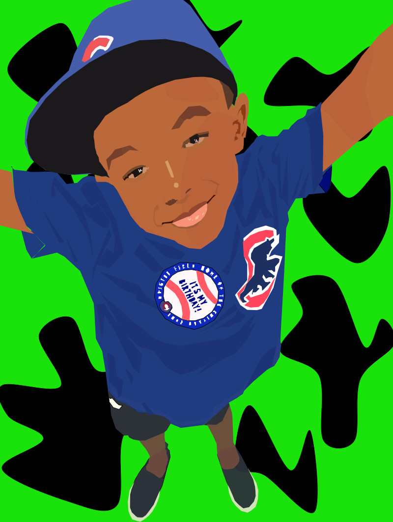 boy in cubs shirt and hat on green and black background