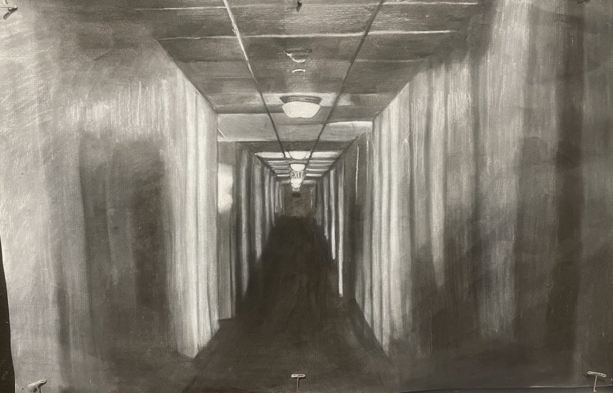 Charcoal drawing of a hallway.