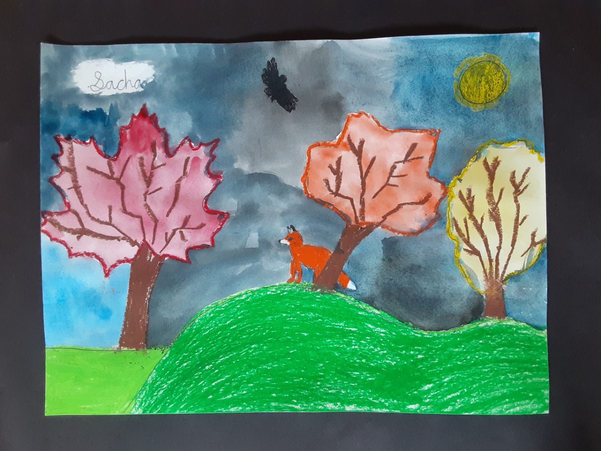 landscape with 3 fall-colored trees
