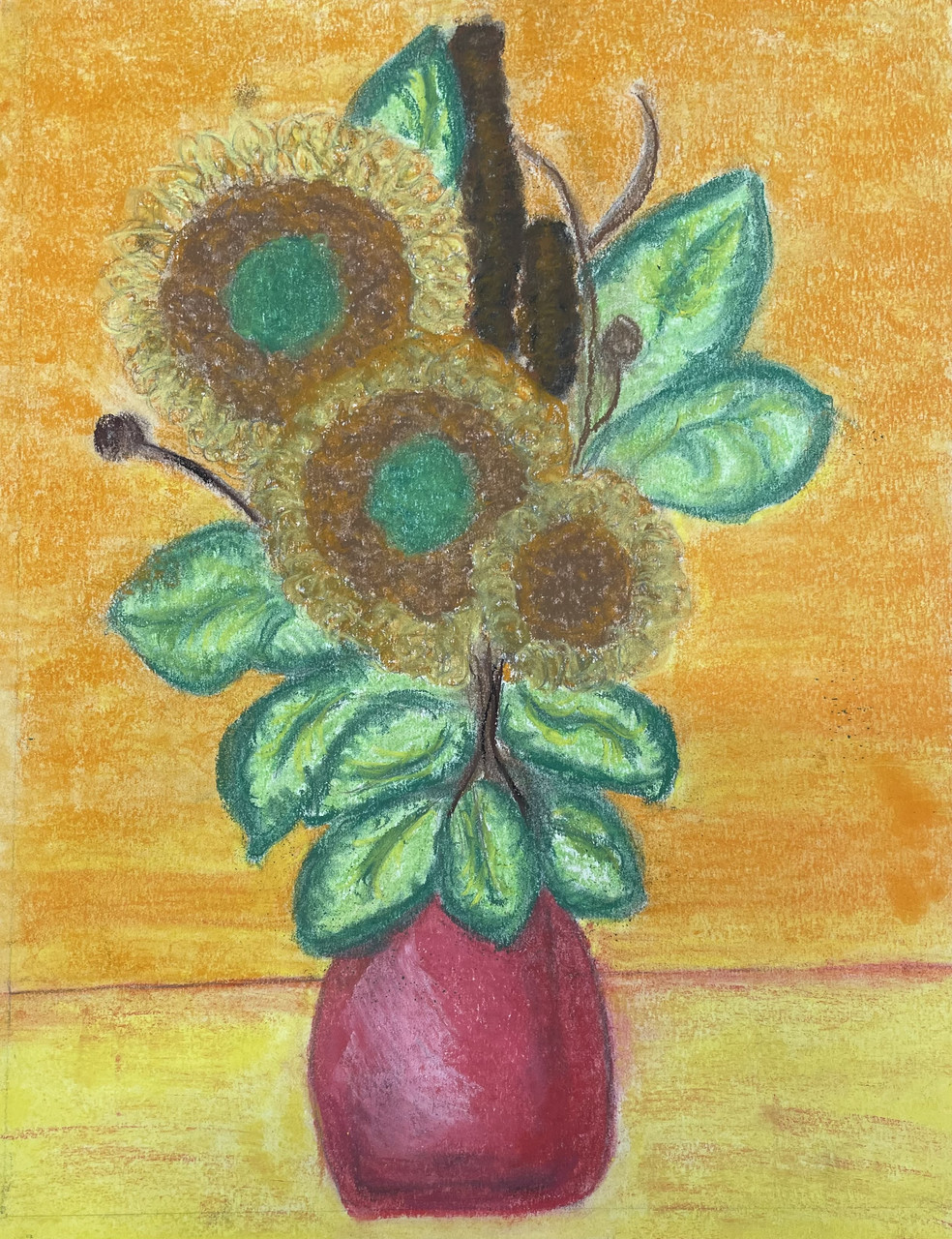 Drawing of sunflowers in vase.