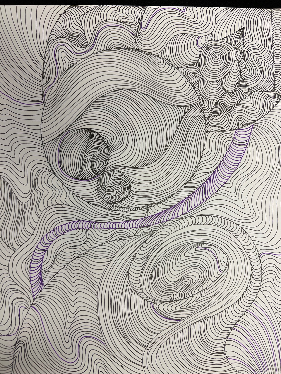 line drawing of abstract shapes in black, white, and purple