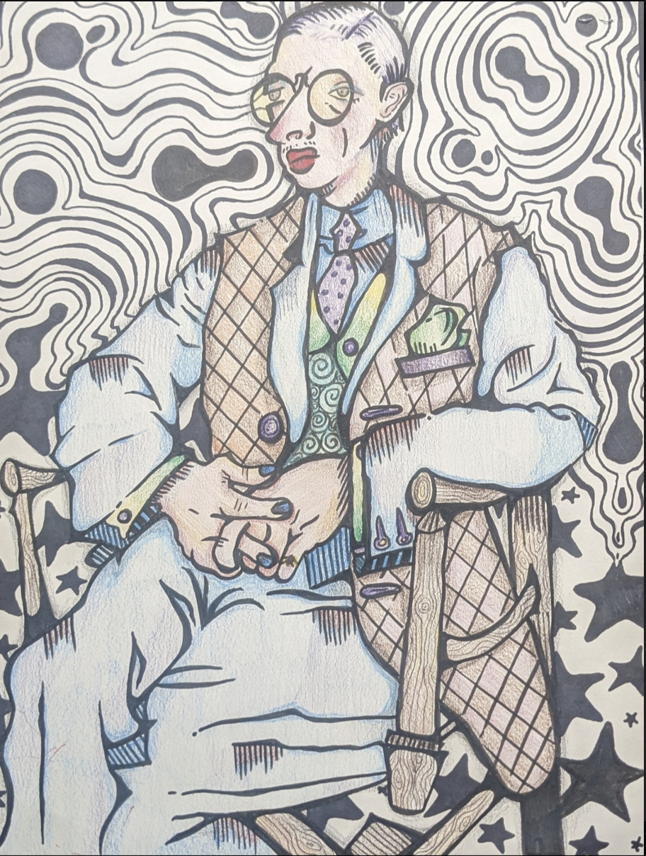 Portrait drawing of an older man.