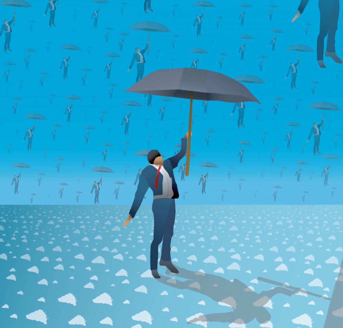 Illustration of a many men with umbrellas.