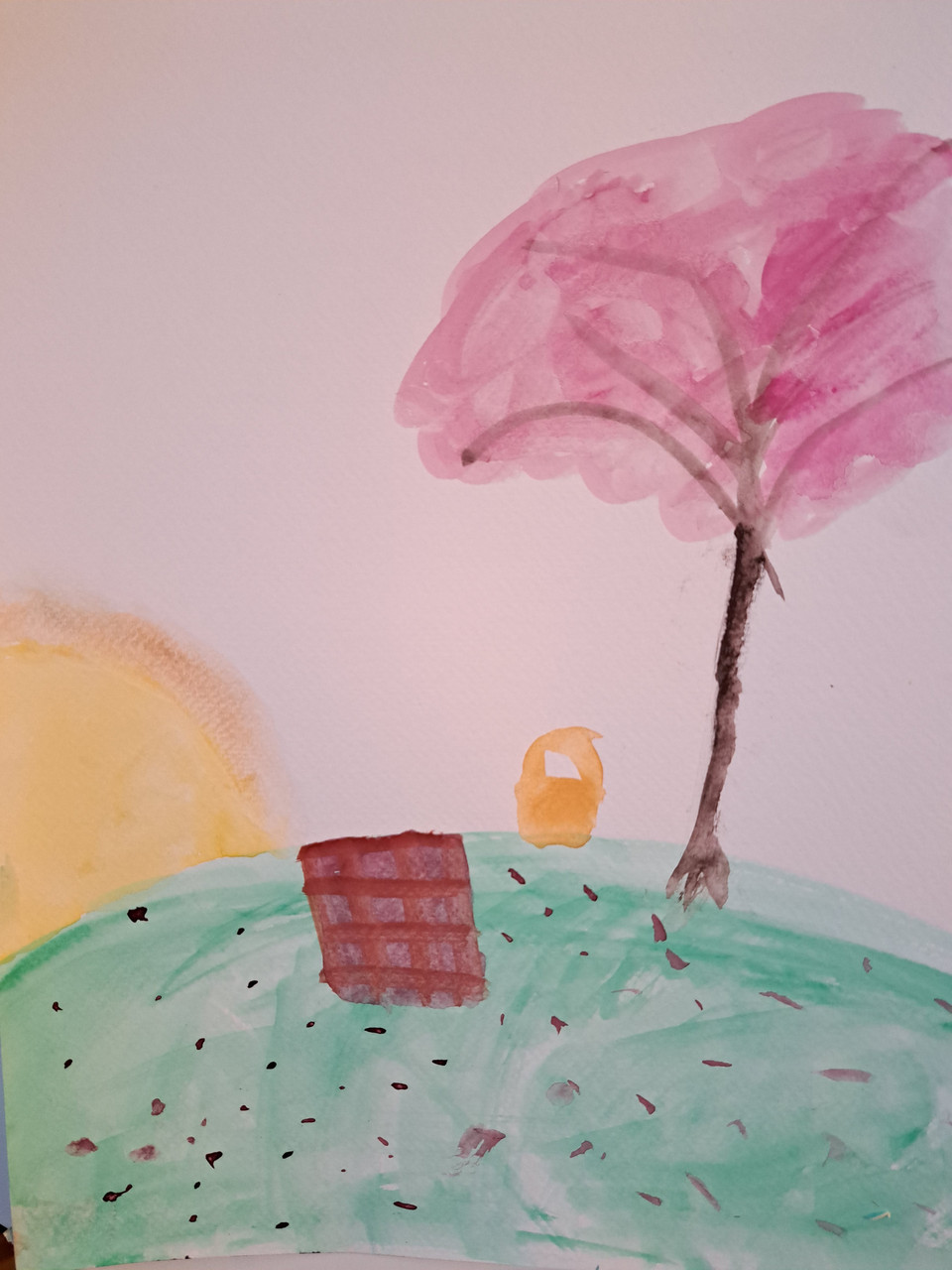 Painting of a cherry blossom tree in a park. There is a bench on a grassy area.