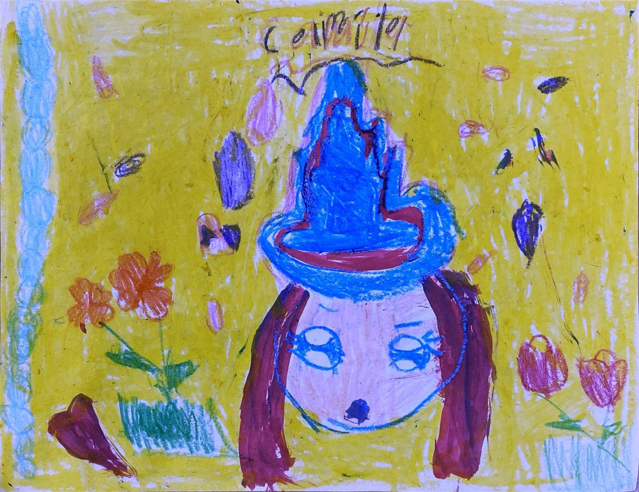 Mixed media drawing of a girl done with oil pastel and crayon on paper.