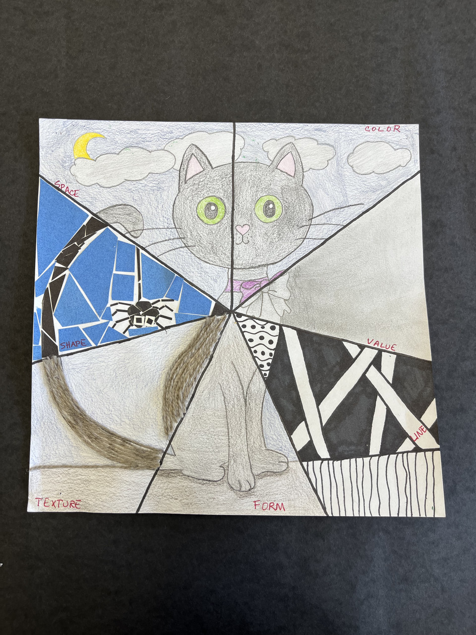 Mixed media piece depicting a cat with a spider hanging from its tail.