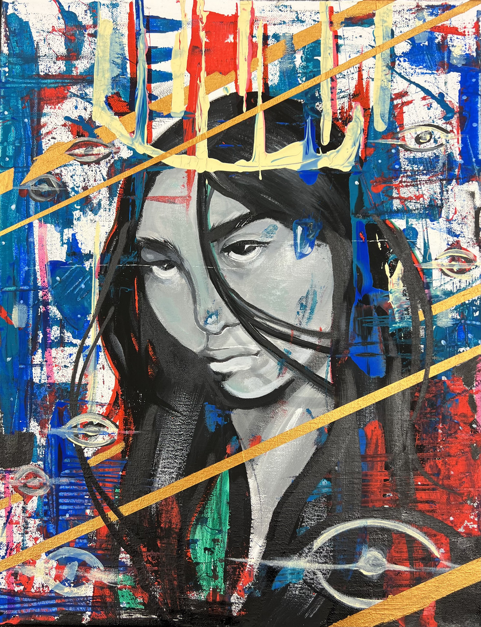 Abstract splatter portrait art.
