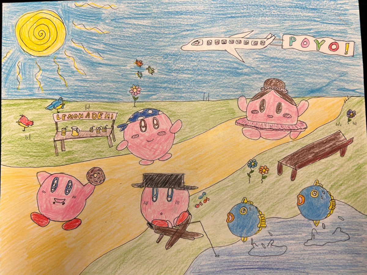 Pink Kirby-like blobs on a yellow road during a sunny day