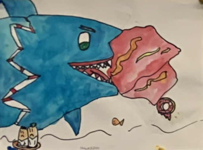 A shark with two people in a boat.