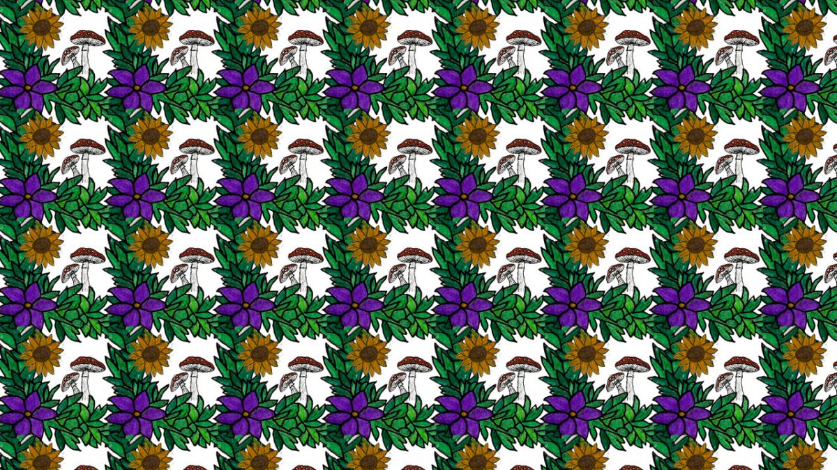 repeating pattern of purple and yellow flowers and a brown and white mushroom.