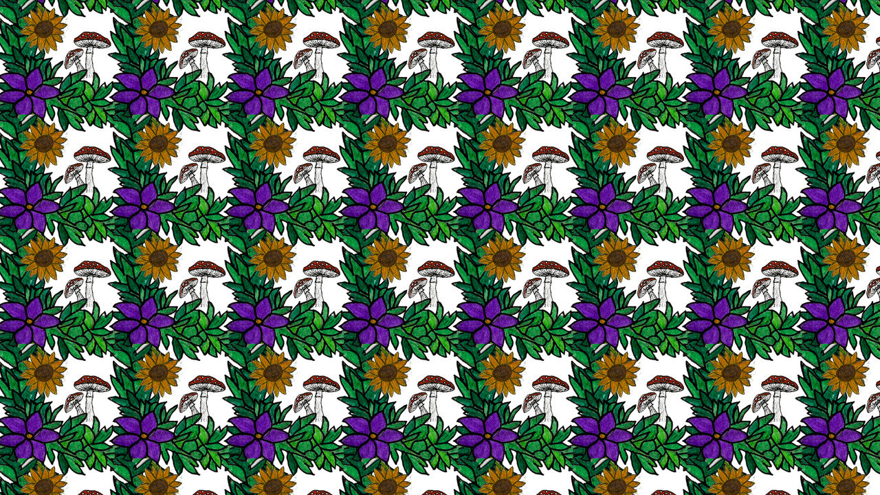 repeating pattern of purple and yellow flowers and a brown and white mushroom.