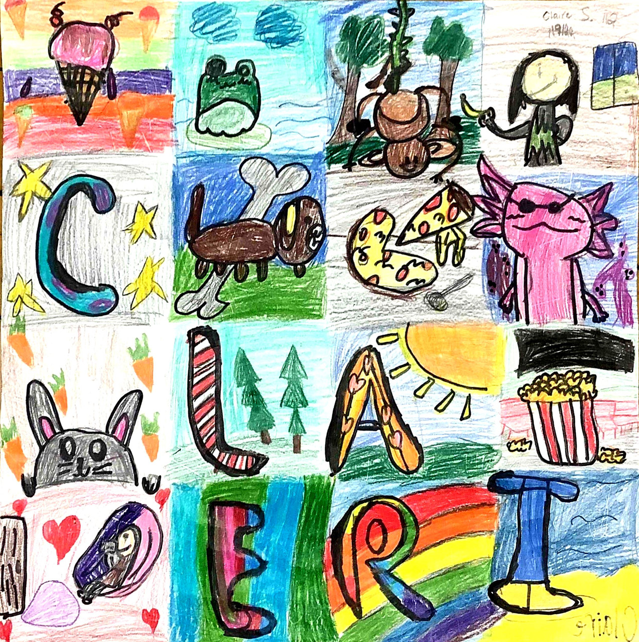 Grid drawing with many different squares colored differently. Within the squares of objects are the letters CLAIRE.