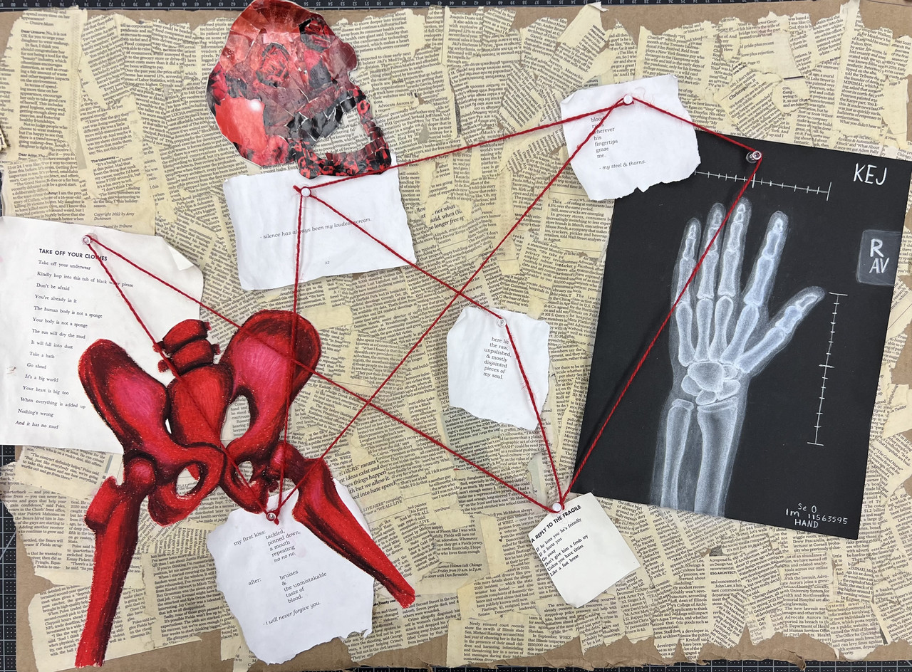 Collage with anatomy and book scraps.