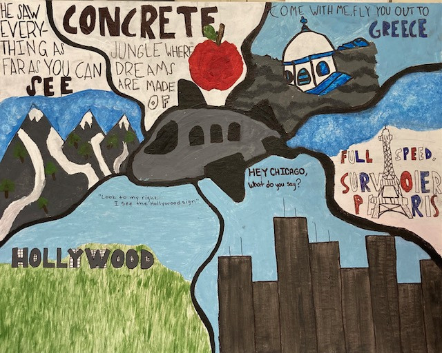 Painting of a plane with different scenes and text around it.