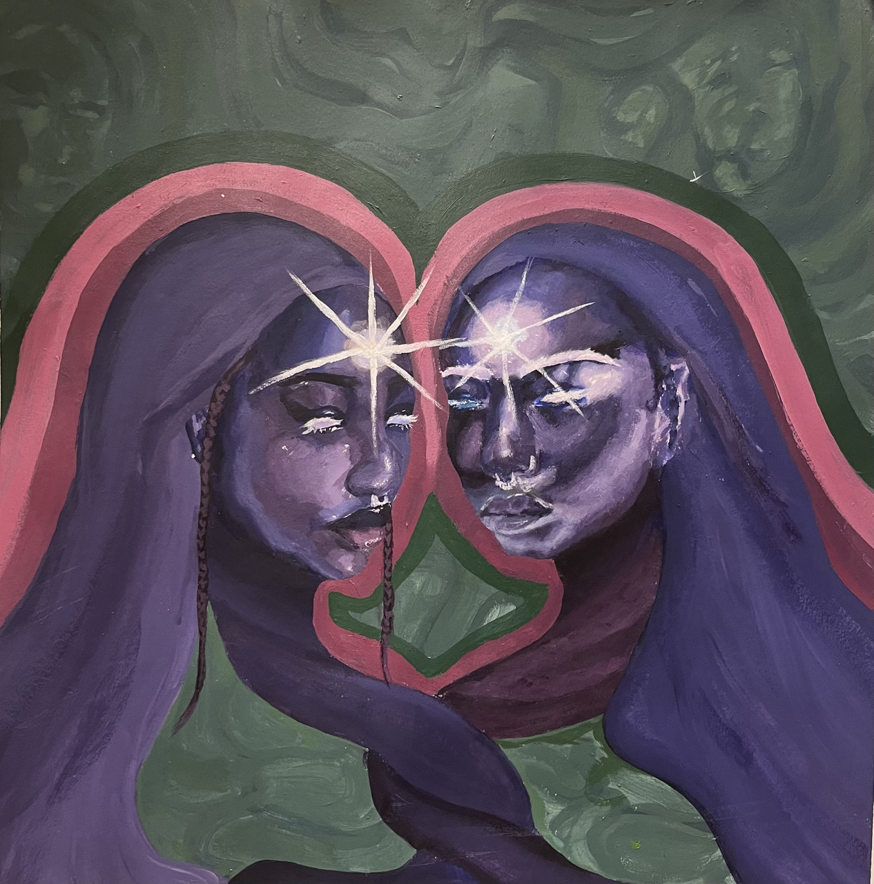 Painting of two purple women.