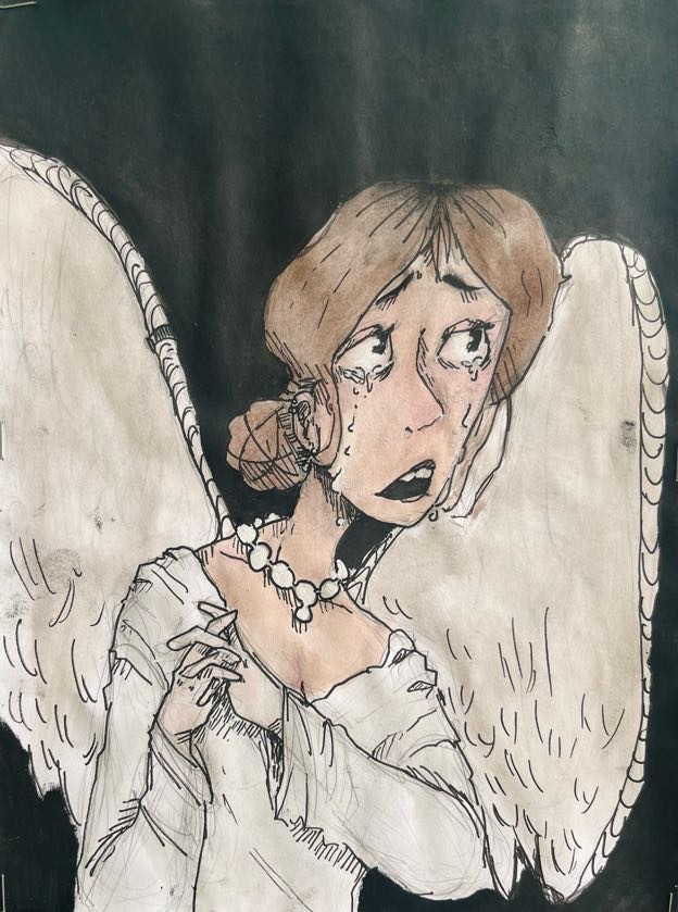 Drawing of a woman with wings crying.