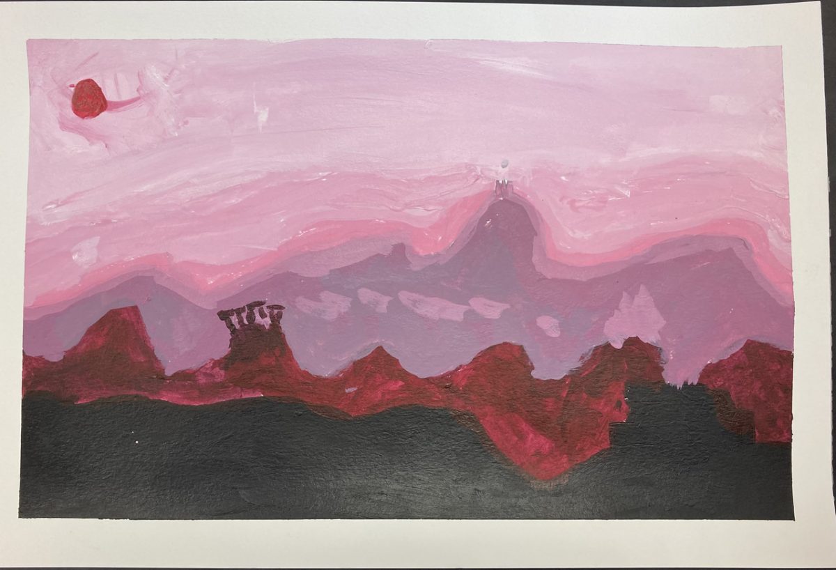landscape with a pink and purple sky and black and red ground.