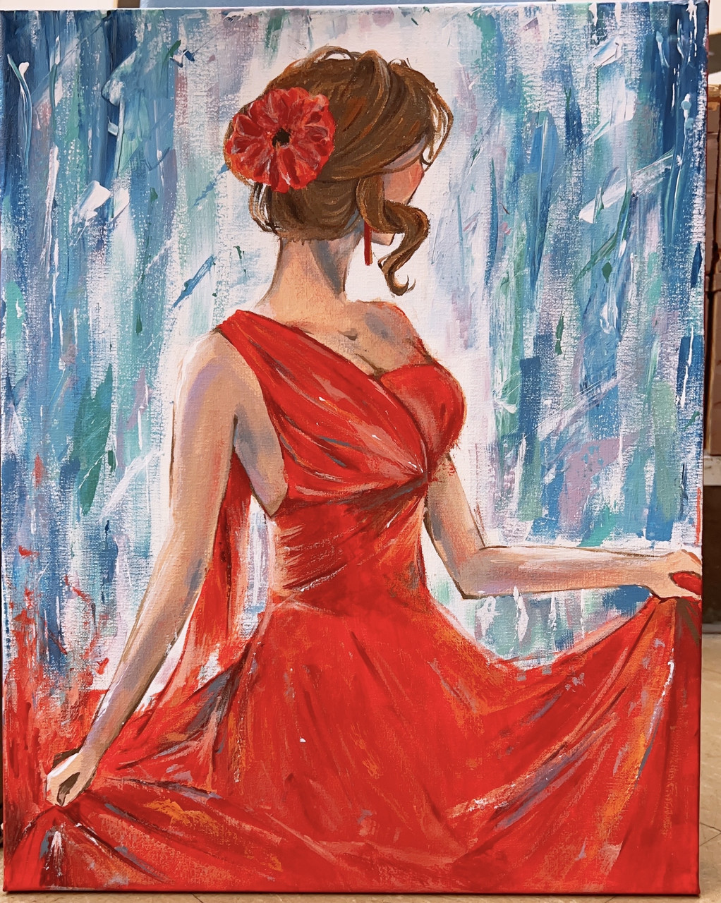Painting of woman in red dress.