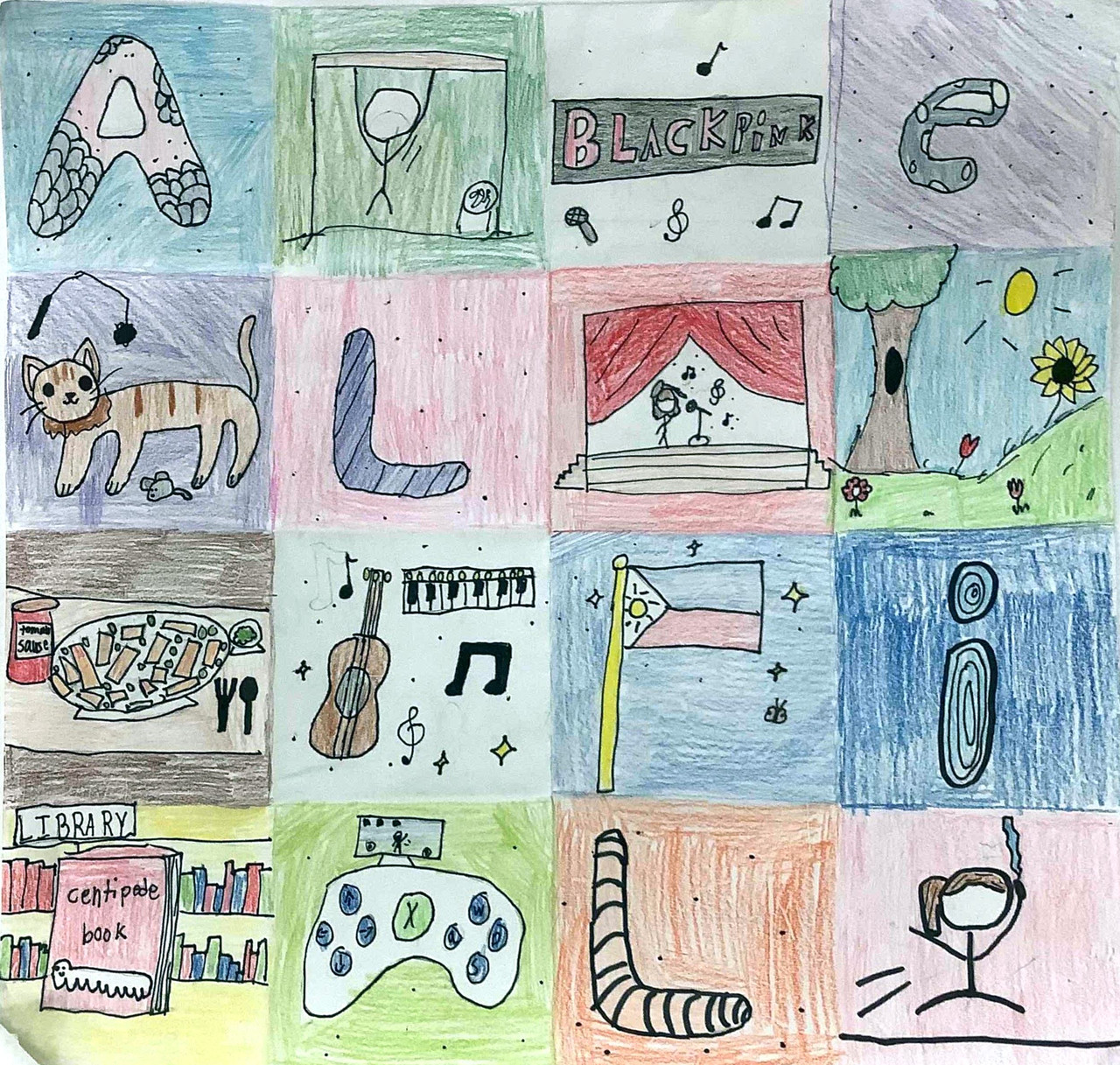 Grid style drawing. Some squares have individual letters that spell out the word Allie while others have objects like a boomerang and a video game controller.