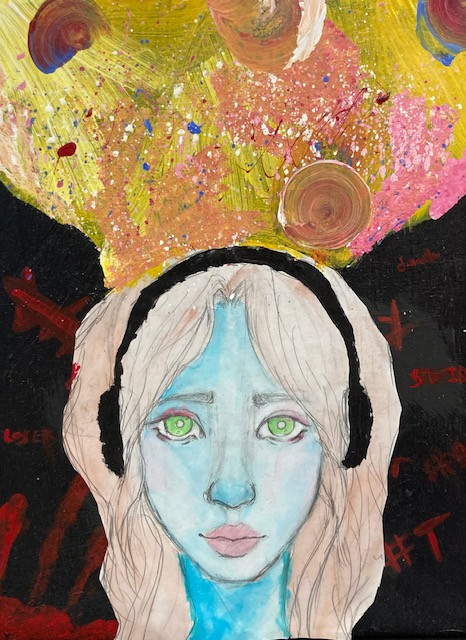 Person wearing headphones with abstract backgrounds with red, black, yellow, and glitter.