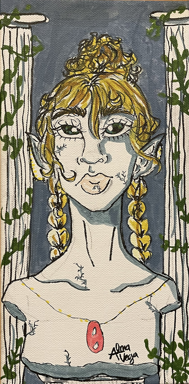 Painting of a woman behind two pillars. She has blond hair in a bun and braids and is inspired by greek mythology.