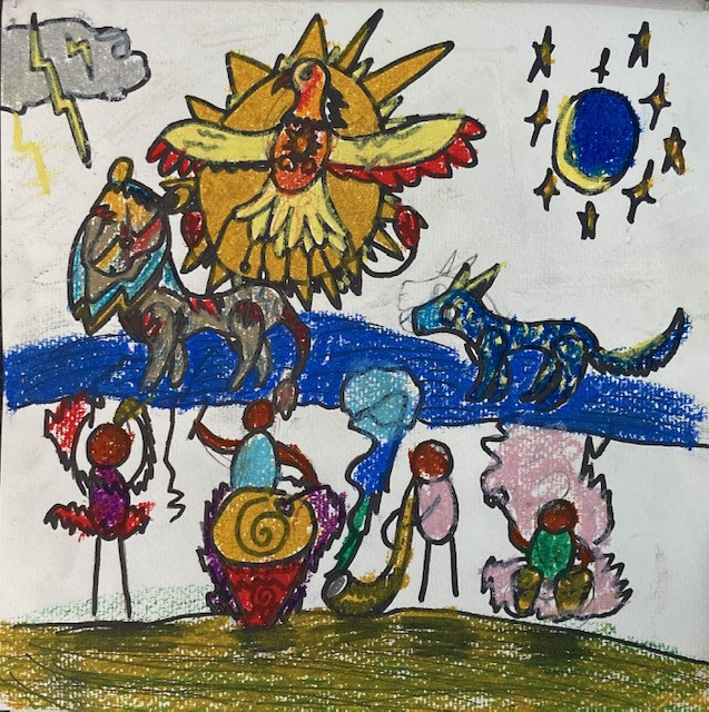 Colored drawing of creatures and characters.