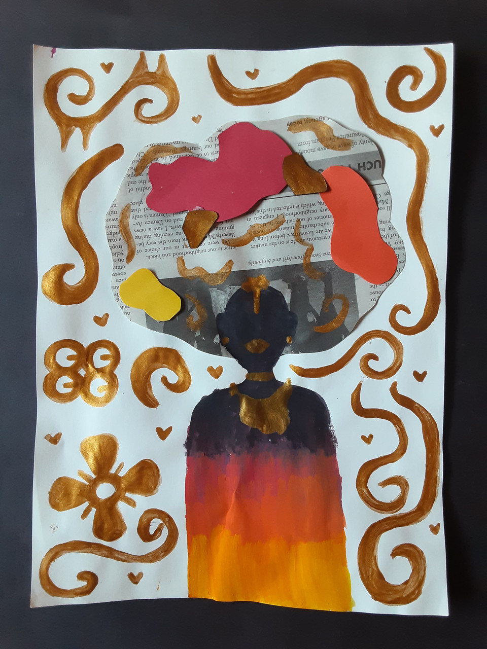 abstract shapes of red, orange, and gold.