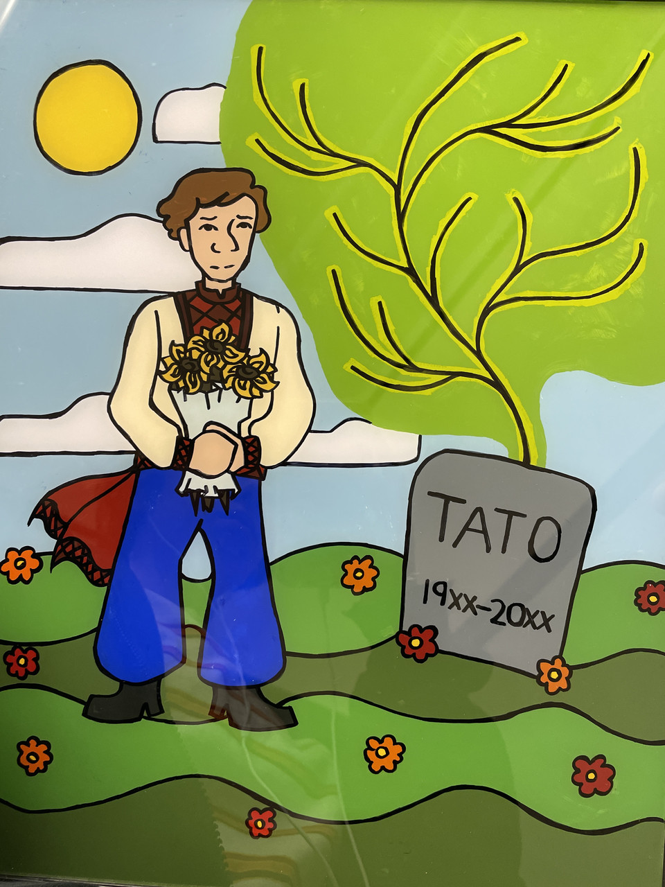 Painting of person on a landscape with a grave.