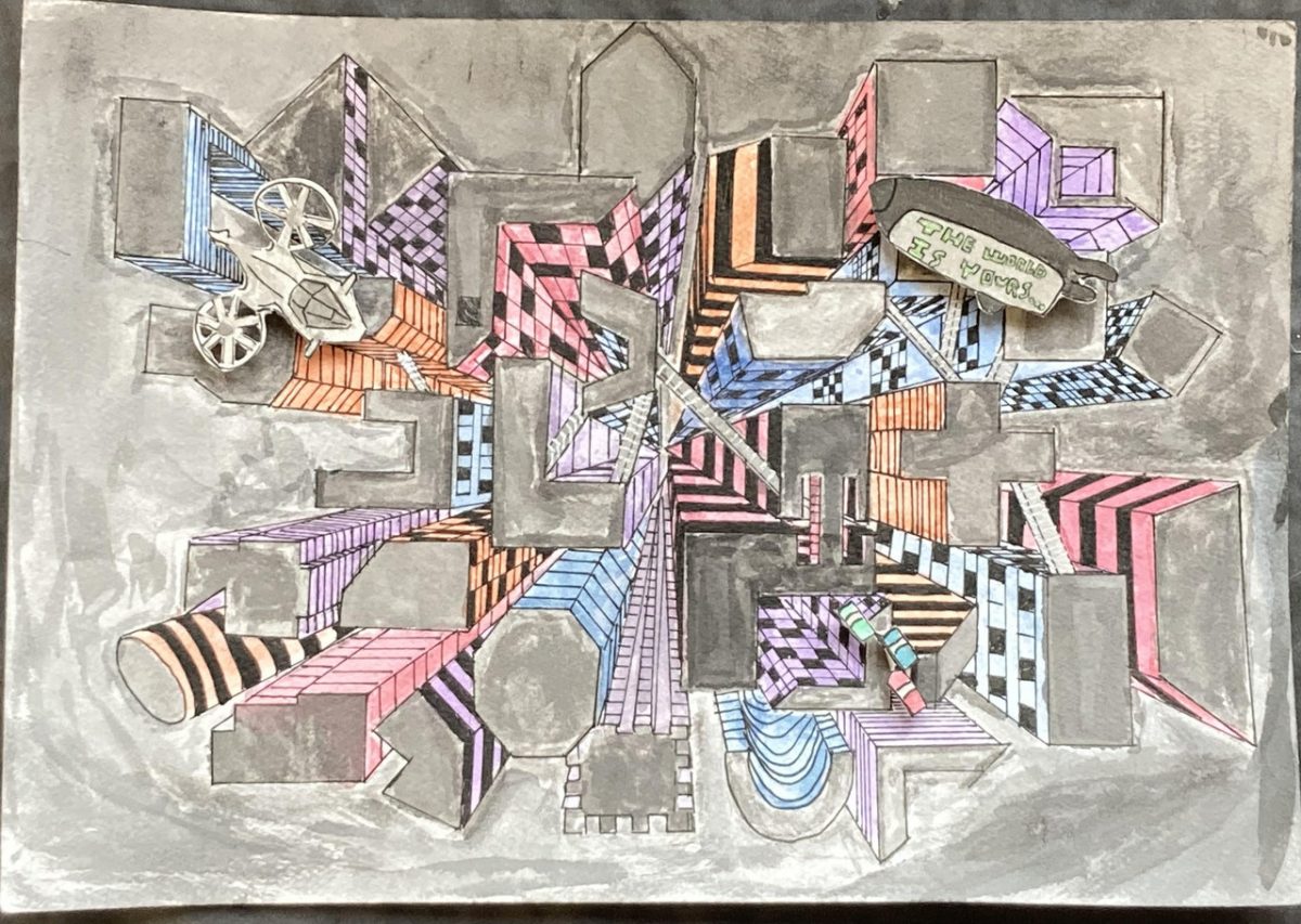 Birds eye view painting of a cityscape.