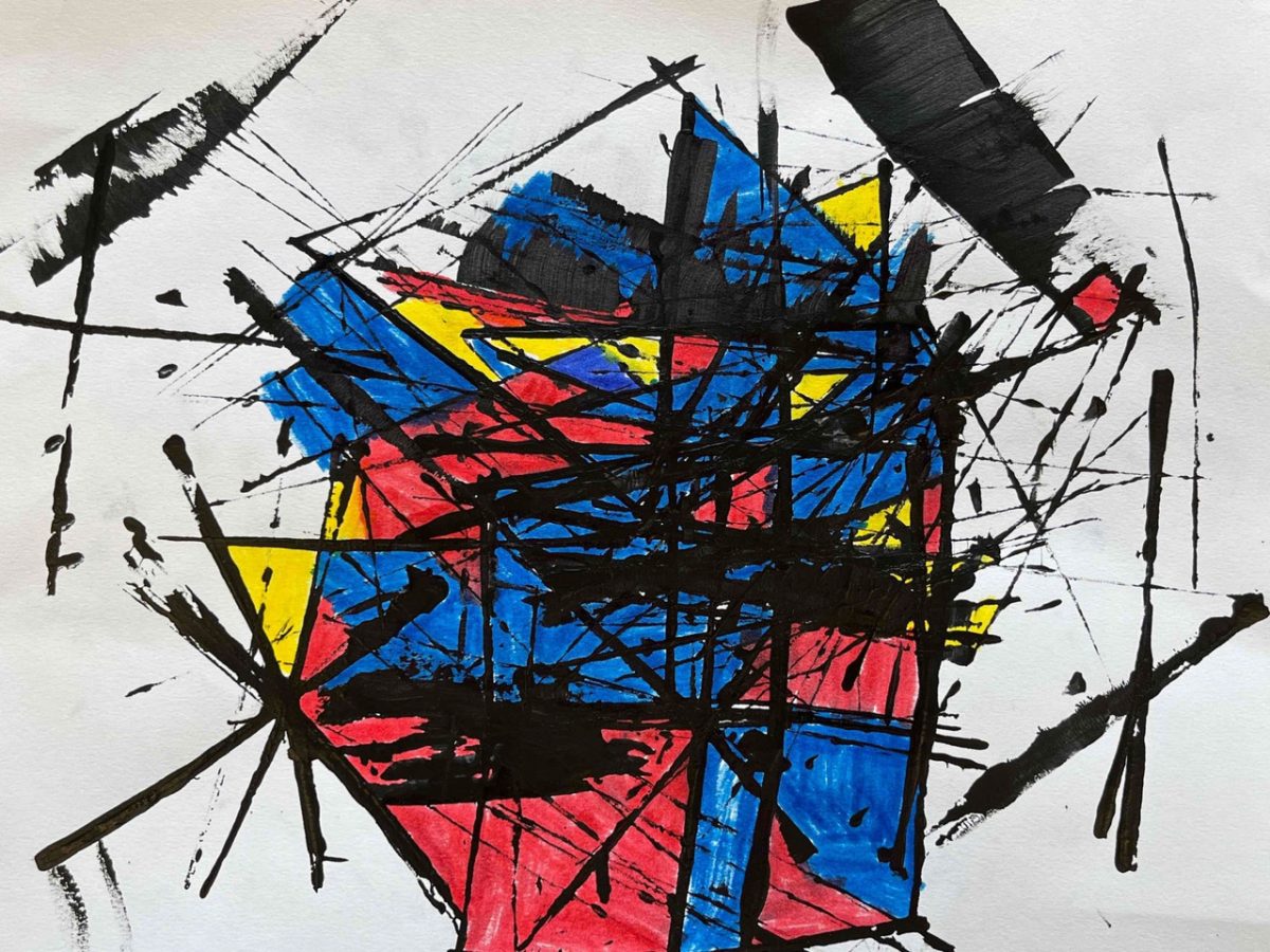 abstract shapes in red, blue, and yellow with black lines