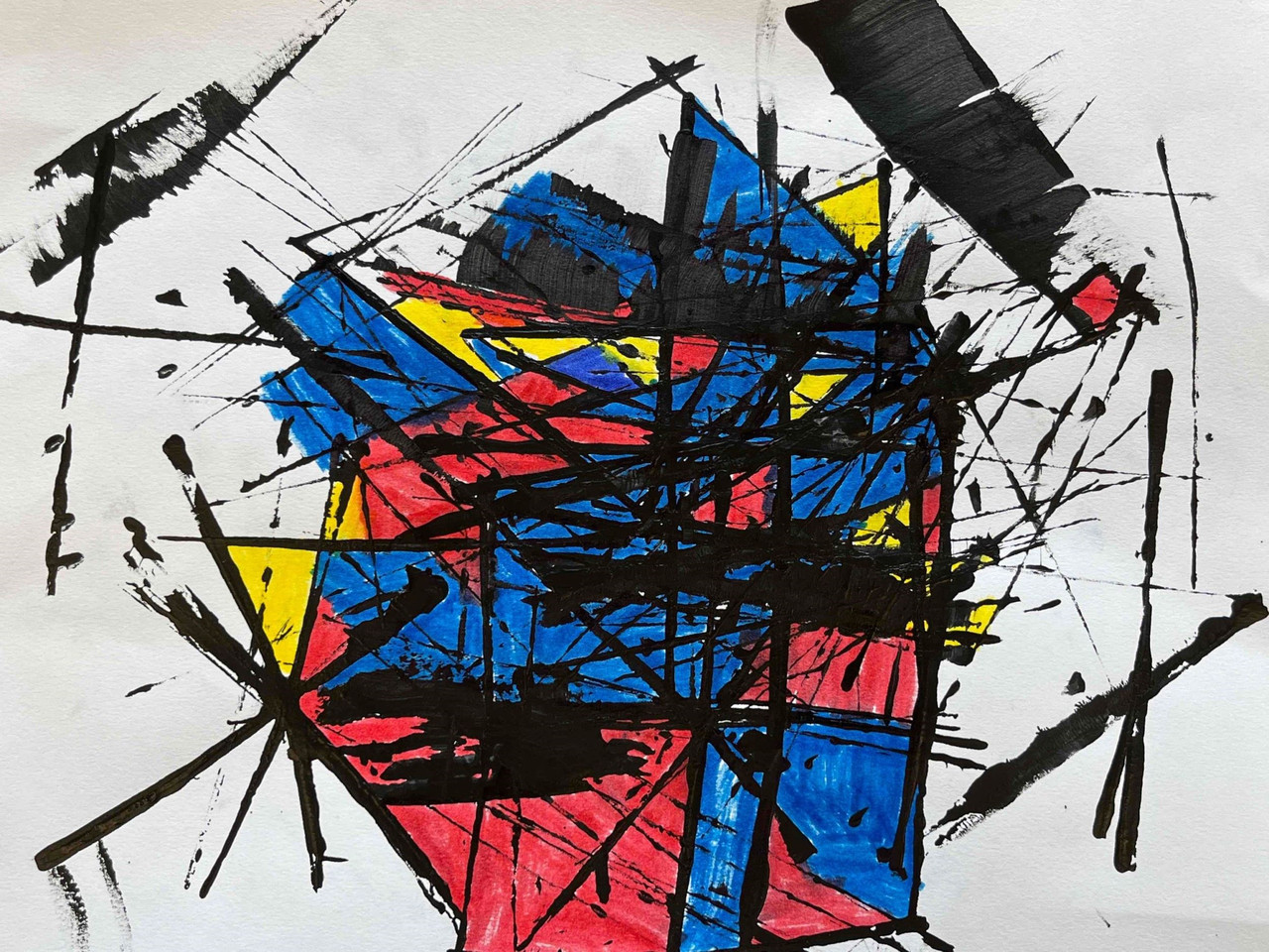 abstract shapes in red, blue, and yellow with black lines