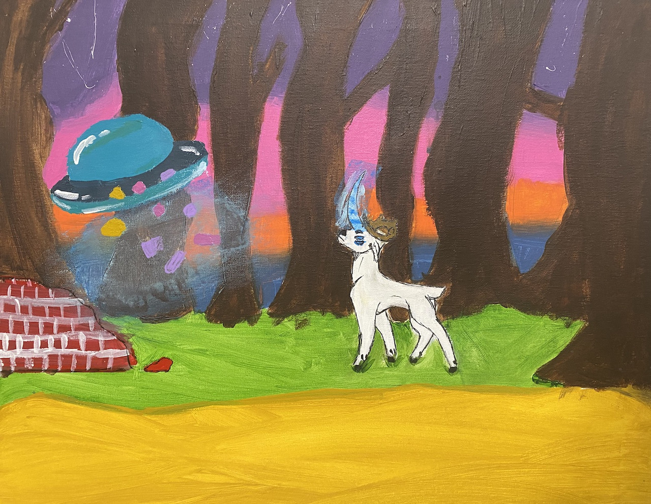 Painting of an animal in a forest with a spaceship.