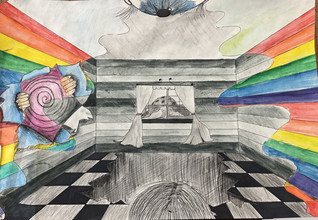 Drawing with colorful patterns and black and white patterns.