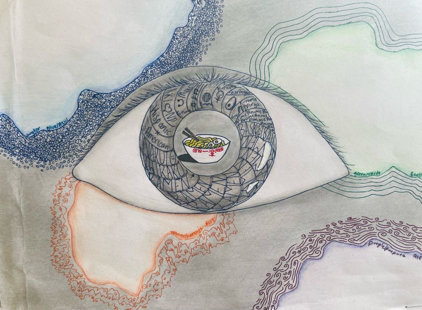 Drawing of an eye with ramen in the center with colorful lines in the background.