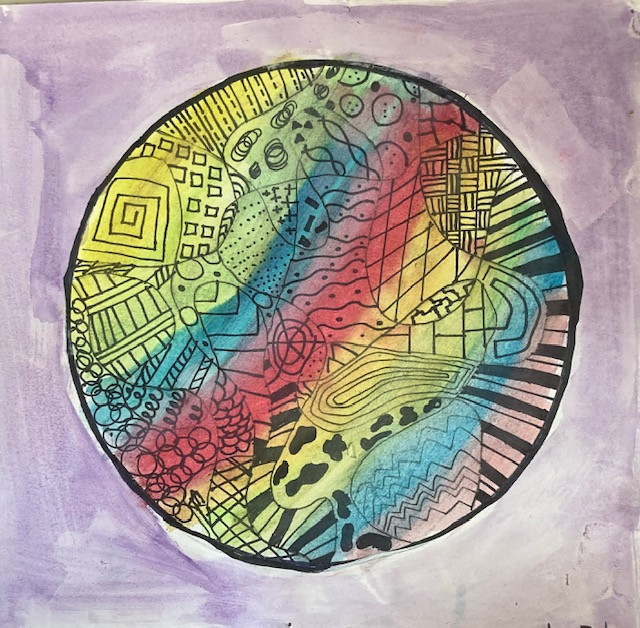 Patterned line-art on a rainbow circle with a purple background.